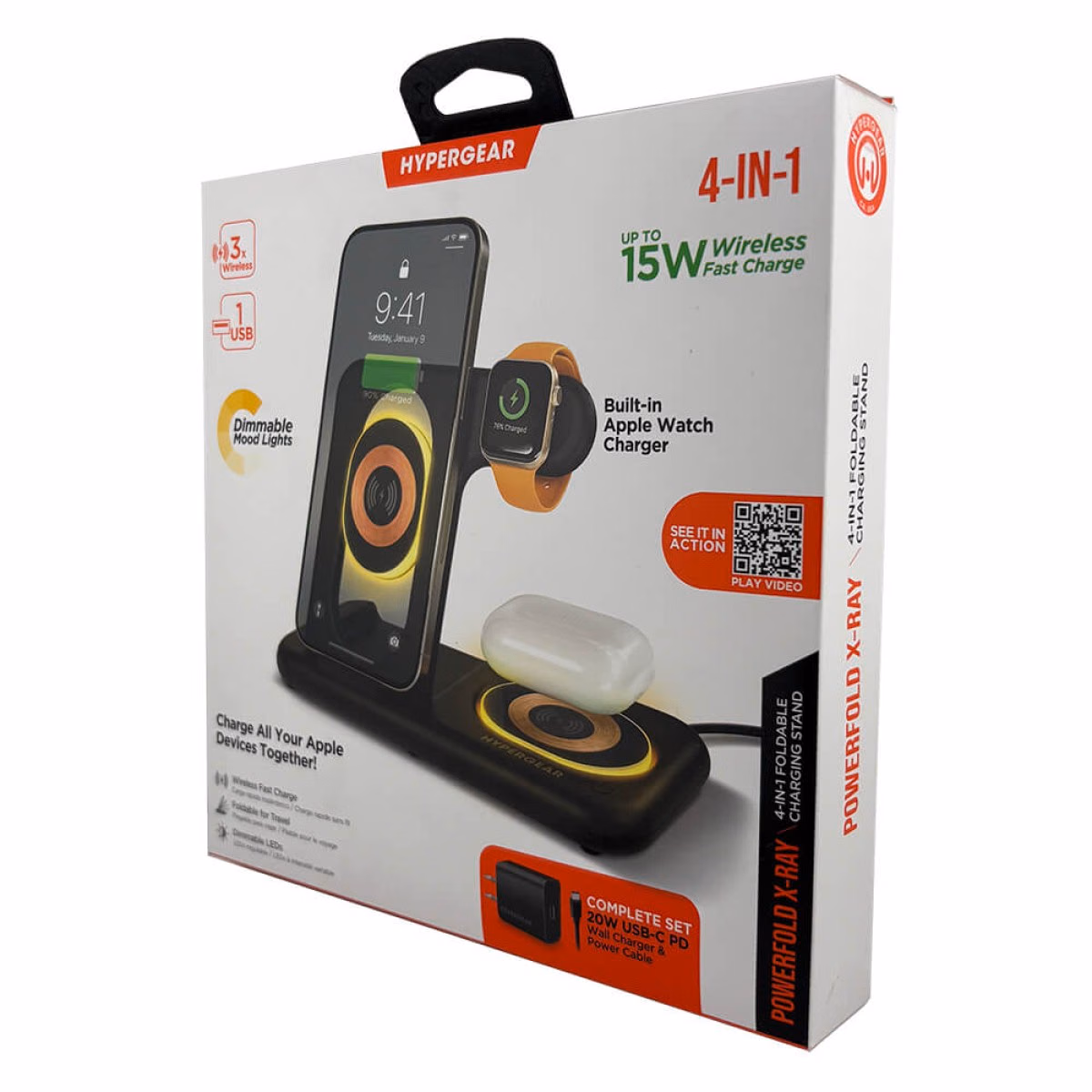 Custom HyperGear PowerFold X-Ray 4-in-1 Foldable Wireless Charging Stand with 15W Wireless Fast Charge, Black, detail view