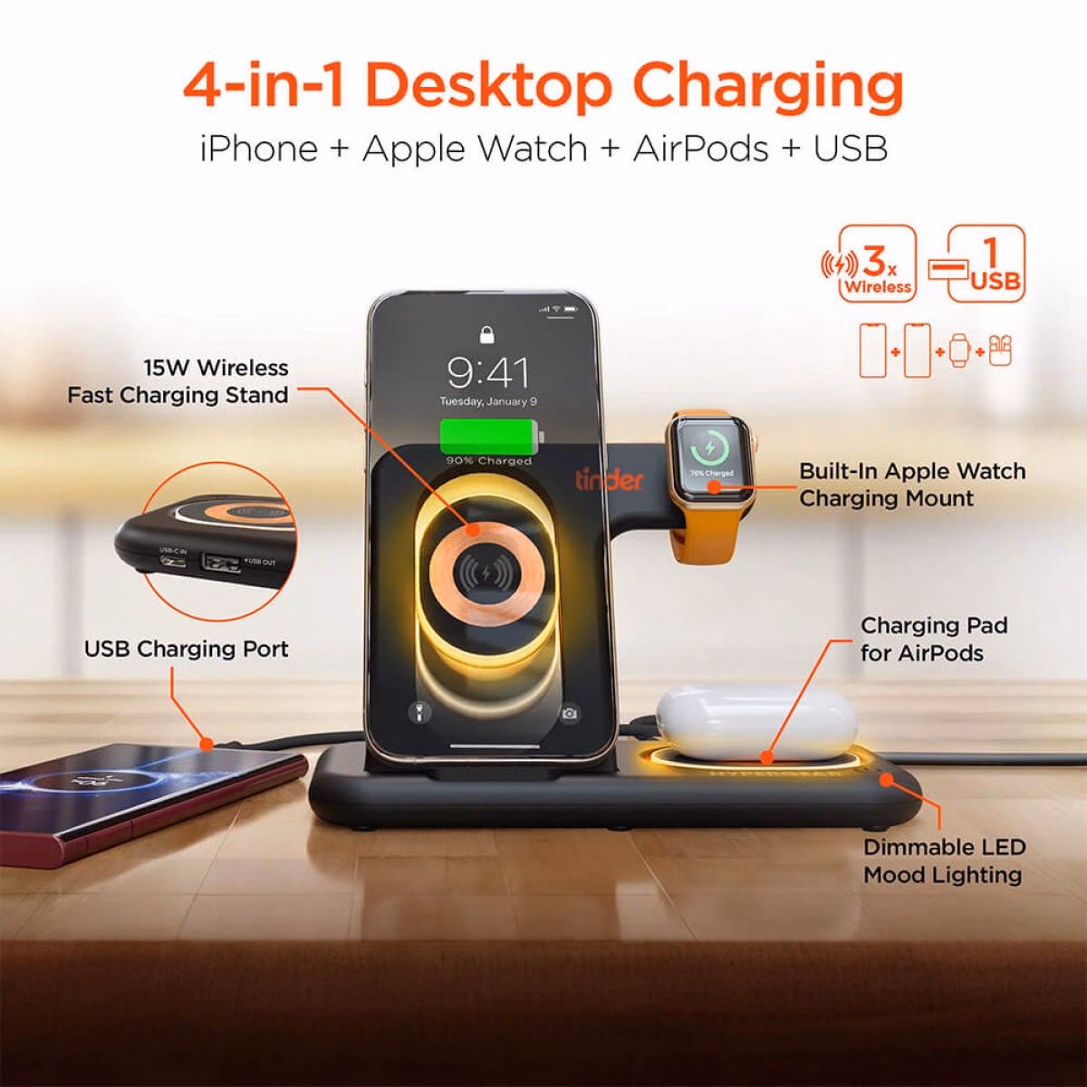 Custom HyperGear PowerFold X-Ray 4-in-1 Foldable Wireless Charging Stand with 15W Wireless Fast Charge, Black, packaging view