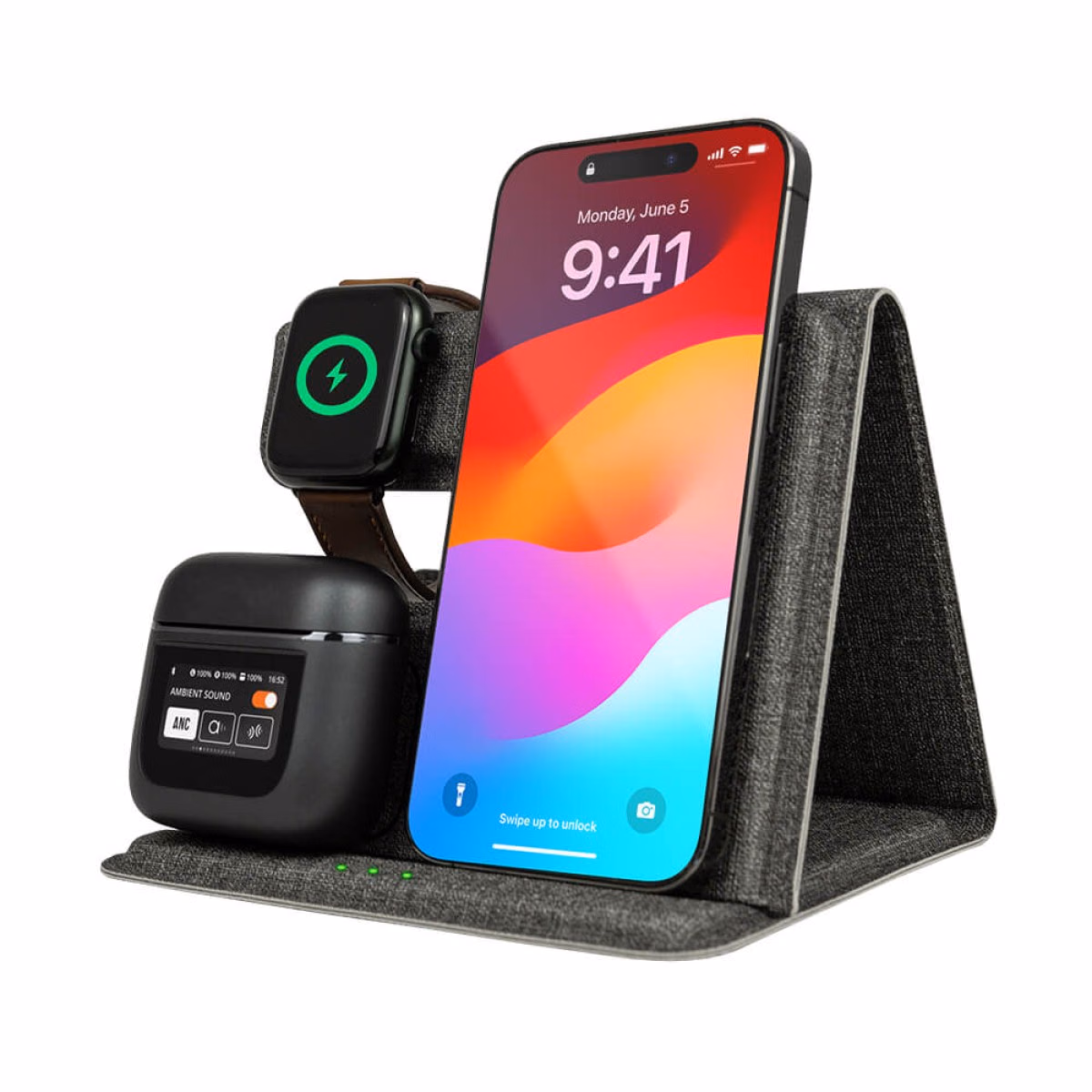 Custom Tangelo ChargePro 3 in 1 Foldable Wireless Charger, Grey, with custom logo area