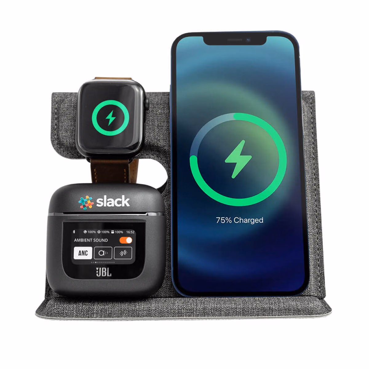 Custom Tangelo ChargePro 3 in 1 Foldable Wireless Charger, Grey, detail view