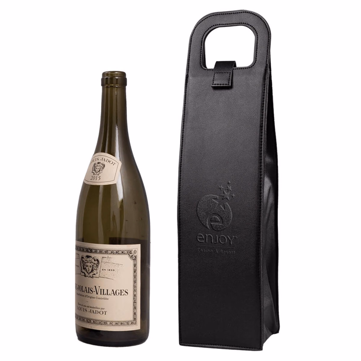 Custom Vegan Leather Wine Bottle Tote, Black, with custom logo area