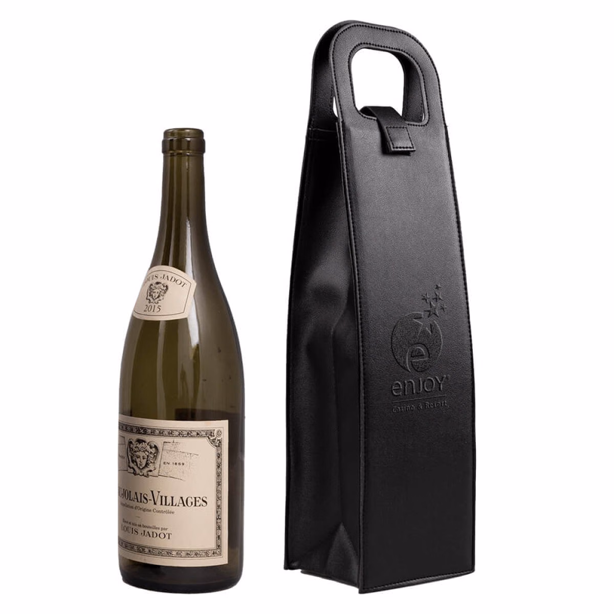 Custom Vegan Leather Wine Bottle Tote, Black, angle view