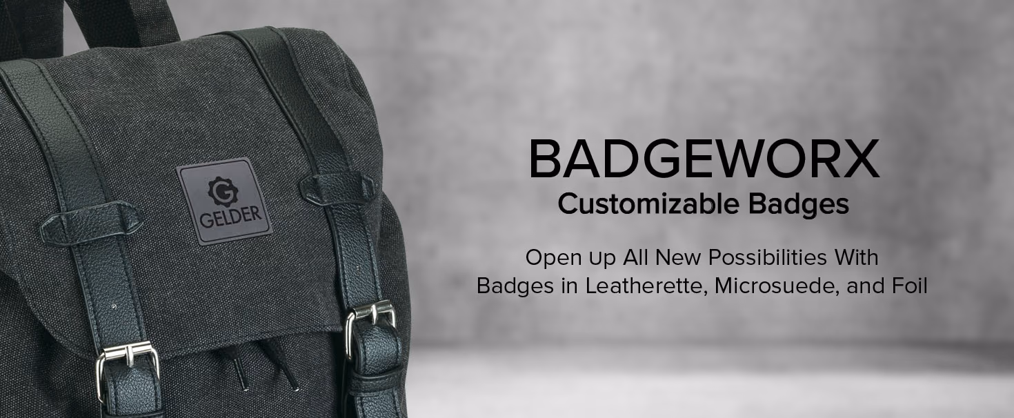 Badgeworx customizable badges in leatherette, microsuede, and foil