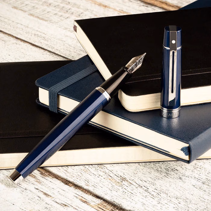 Custom Sheaffer 300 Glossy Blue Fountain Pen with Chrome Trim