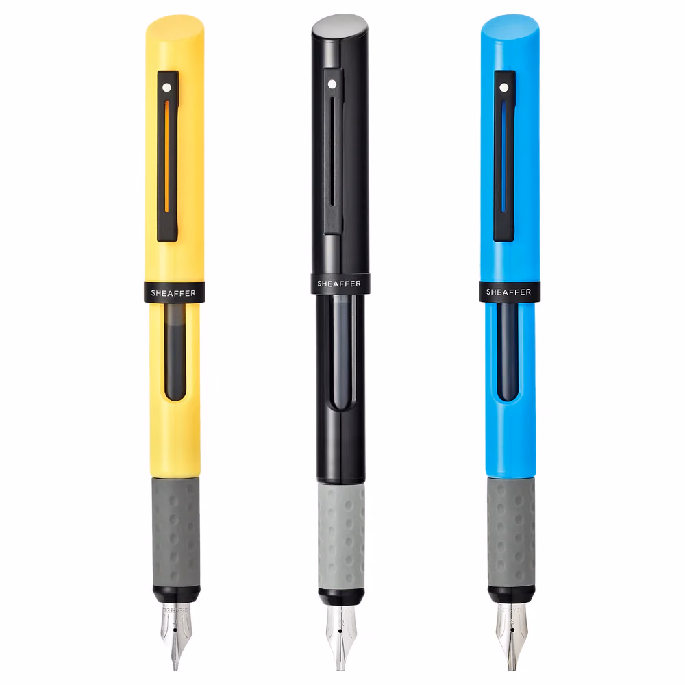 Custom Sheaffer Calligraphy Glossy Black, Blue and Yellow Fountain pens Maxikit in Hangsell - F, M, B nibs