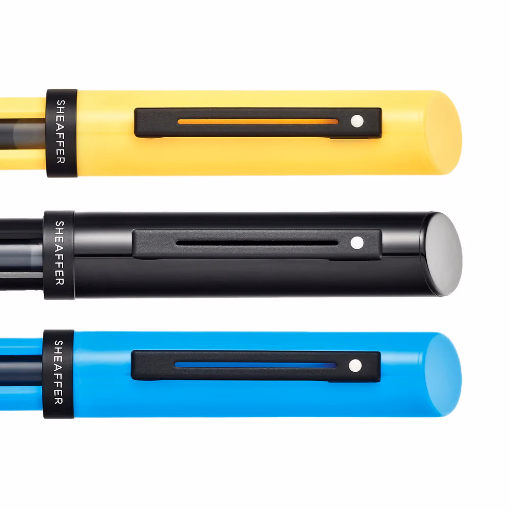 Custom Sheaffer Calligraphy Glossy Black, Blue and Yellow Fountain pens Maxikit in Hangsell - F, M, B nibs