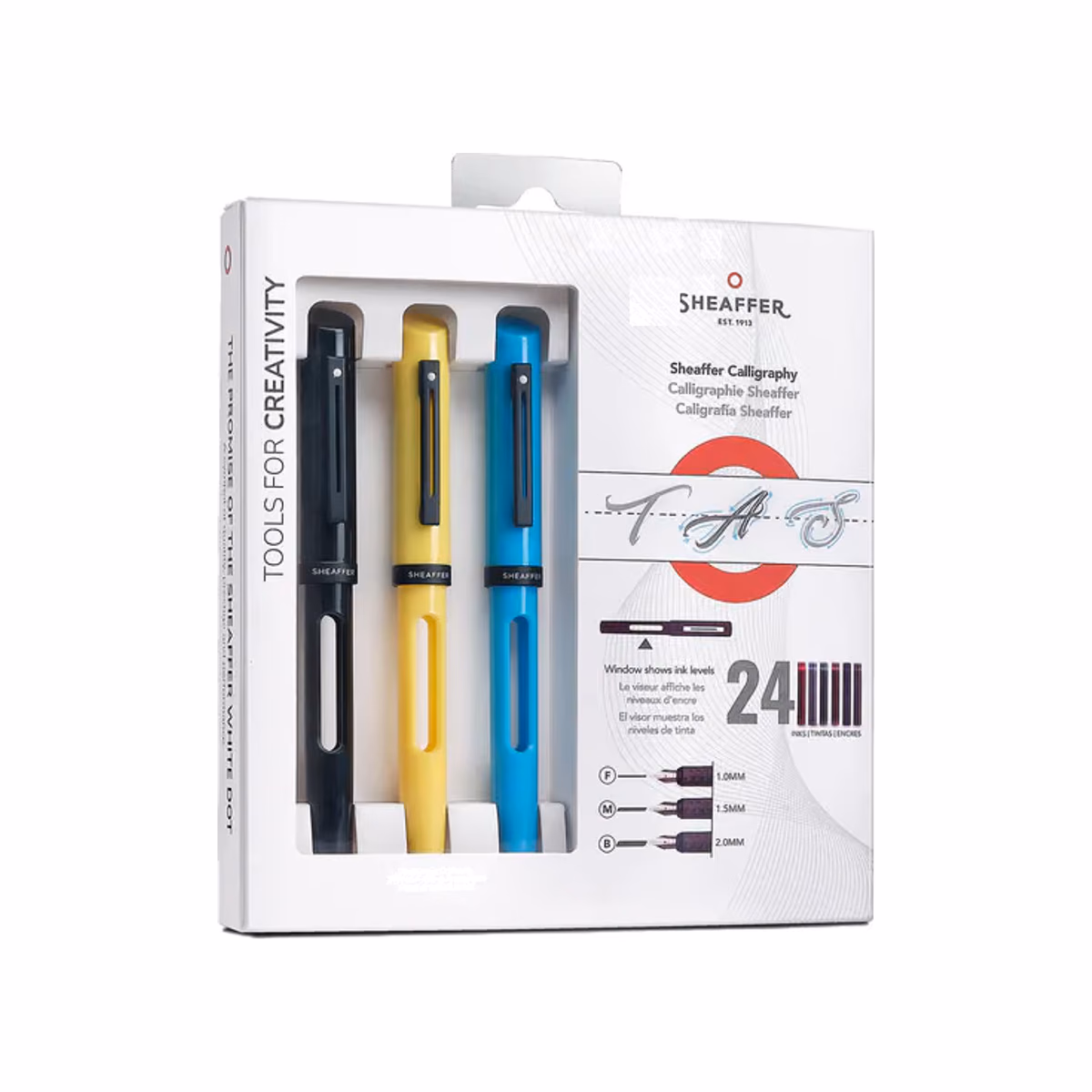 Custom Sheaffer Calligraphy Glossy Black, Blue and Yellow Fountain pens Maxikit in Hangsell - F, M, B nibs