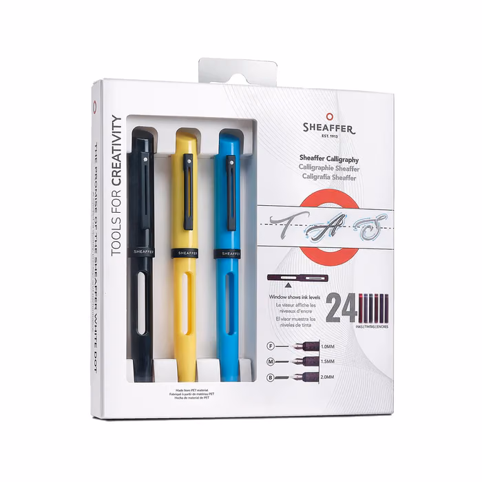 Custom Sheaffer Calligraphy Glossy Black, Blue and Yellow Fountain pens Maxikit in Hangsell - F, M, B nibs