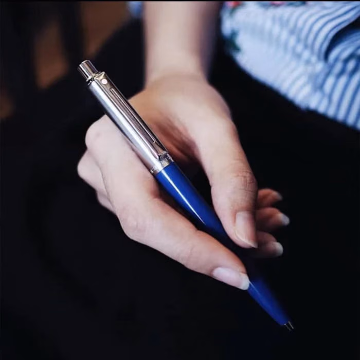 Custom Sheaffer Sentinel Blue and Chrome Ballpoint Pen With Chrome Trims