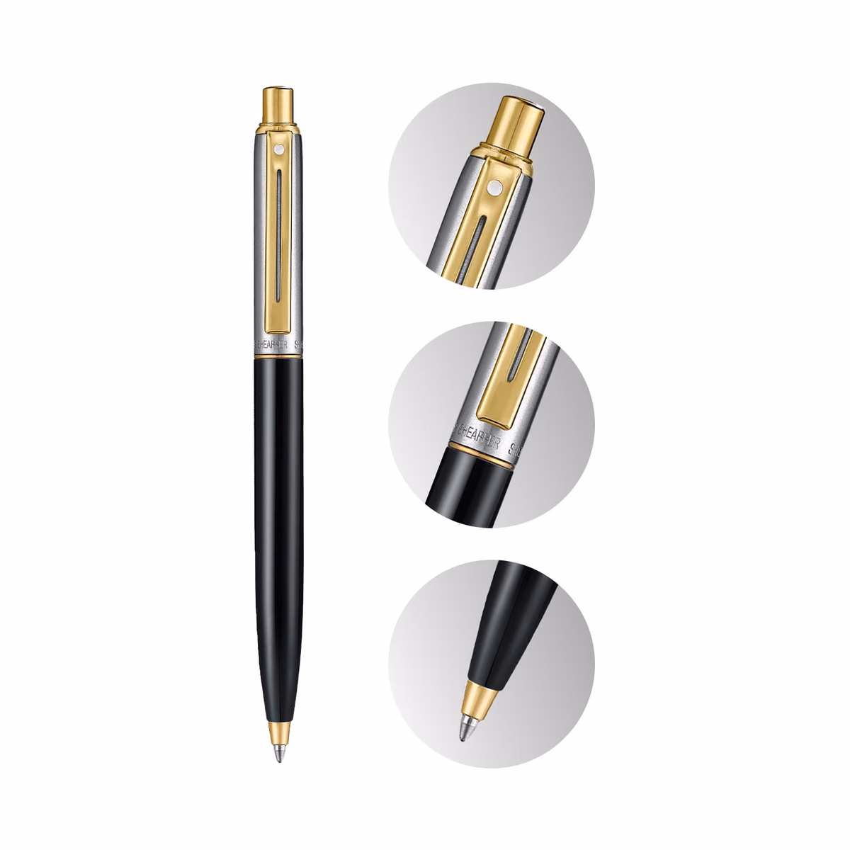 Custom Sheaffer Sentinel Metal 335 Glossy Black Barrel and Brushed Chrome Ballpoint Pen with Gold Trims