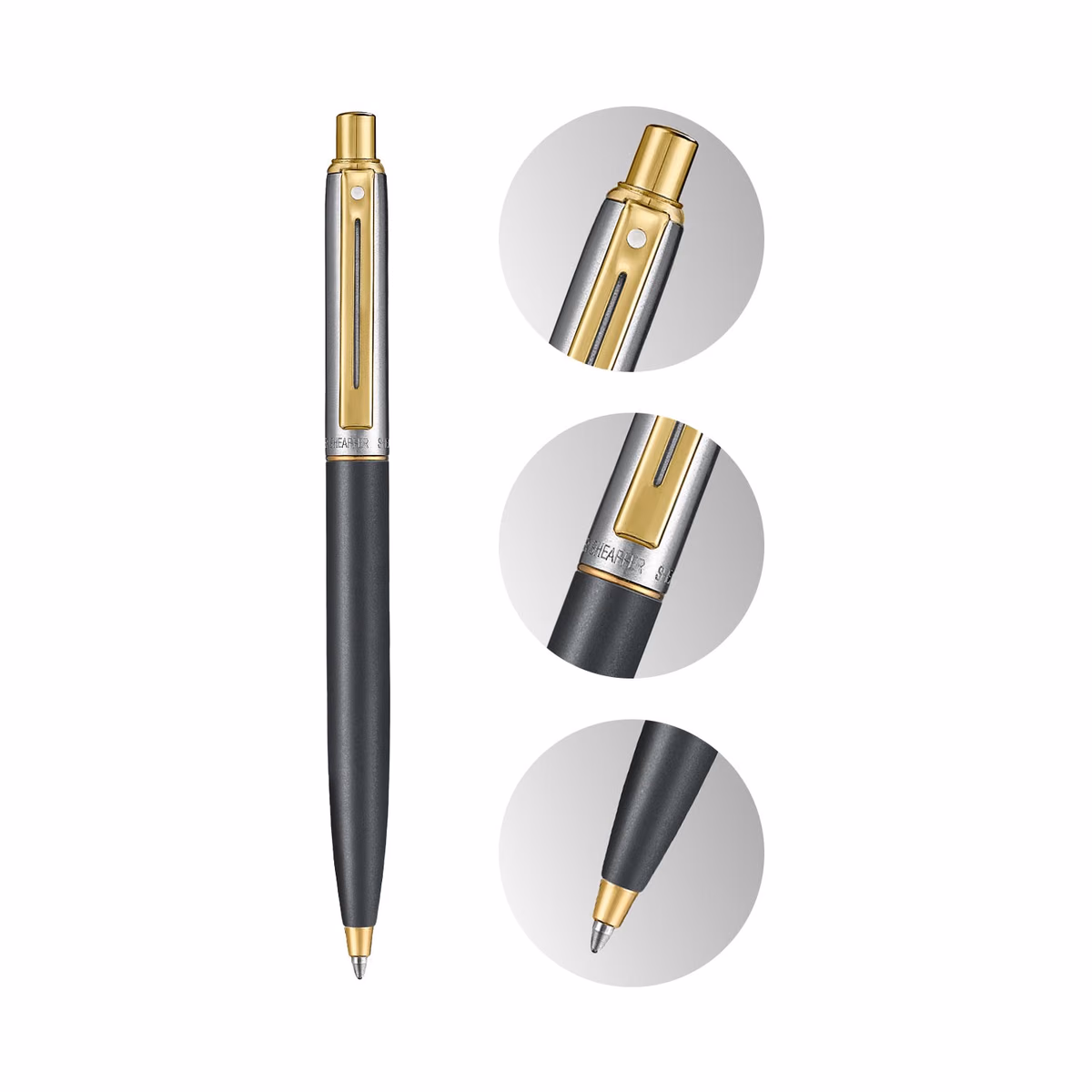 Custom Sheaffer Sentinel Metal 334 Matte Black Barrel and Brushed Chrome Cap Ballpoint Pen with Gold Trims