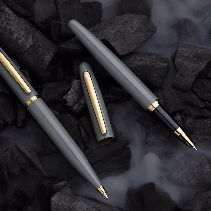 Custom Sheaffer VFM 9427 Glossy Light Gray Ballpoint Pen With PVD Gold-Tone Trim