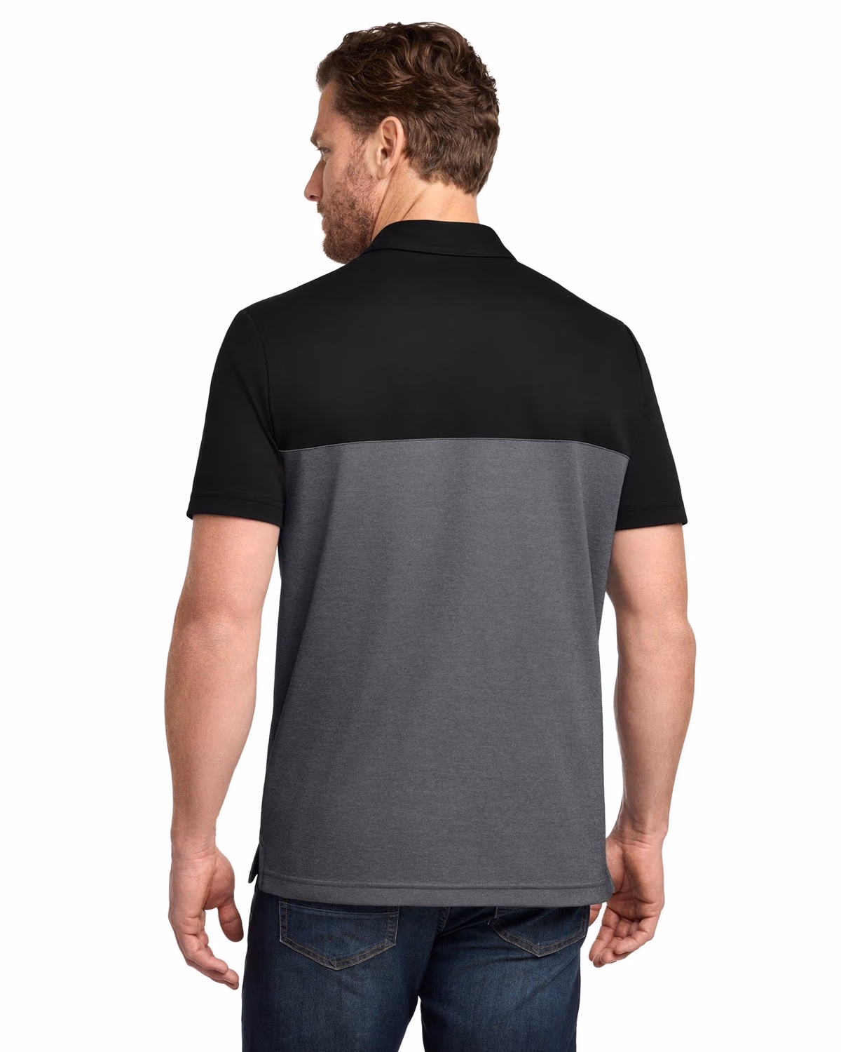 Custom TravisMathew Sunset Blocked Polo, Black/ Dark Grey Heather, back view