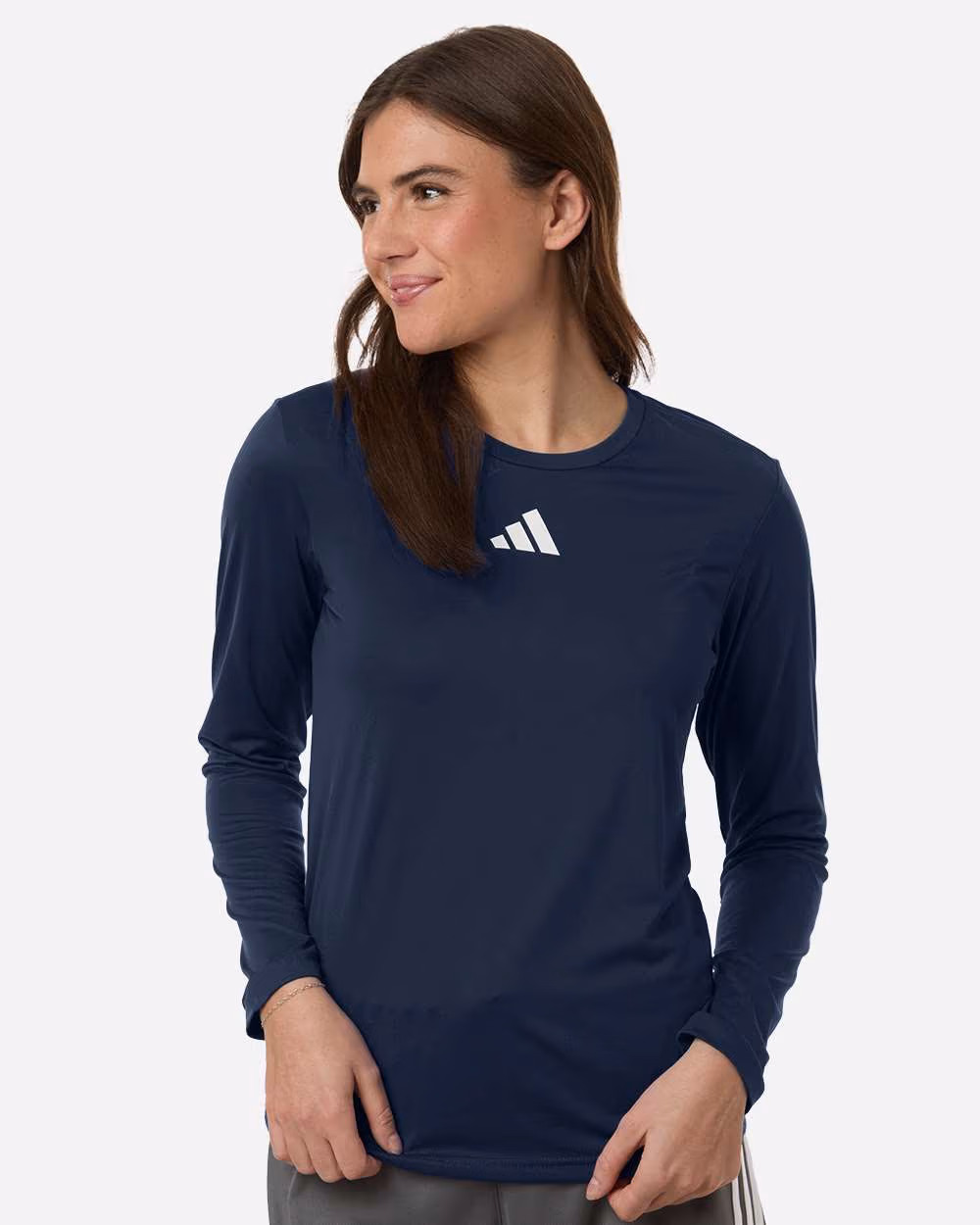 Custom Team Navy Blue/ White - Adidas Women's Pregame Long Sleeve T-Shirt - Model Front