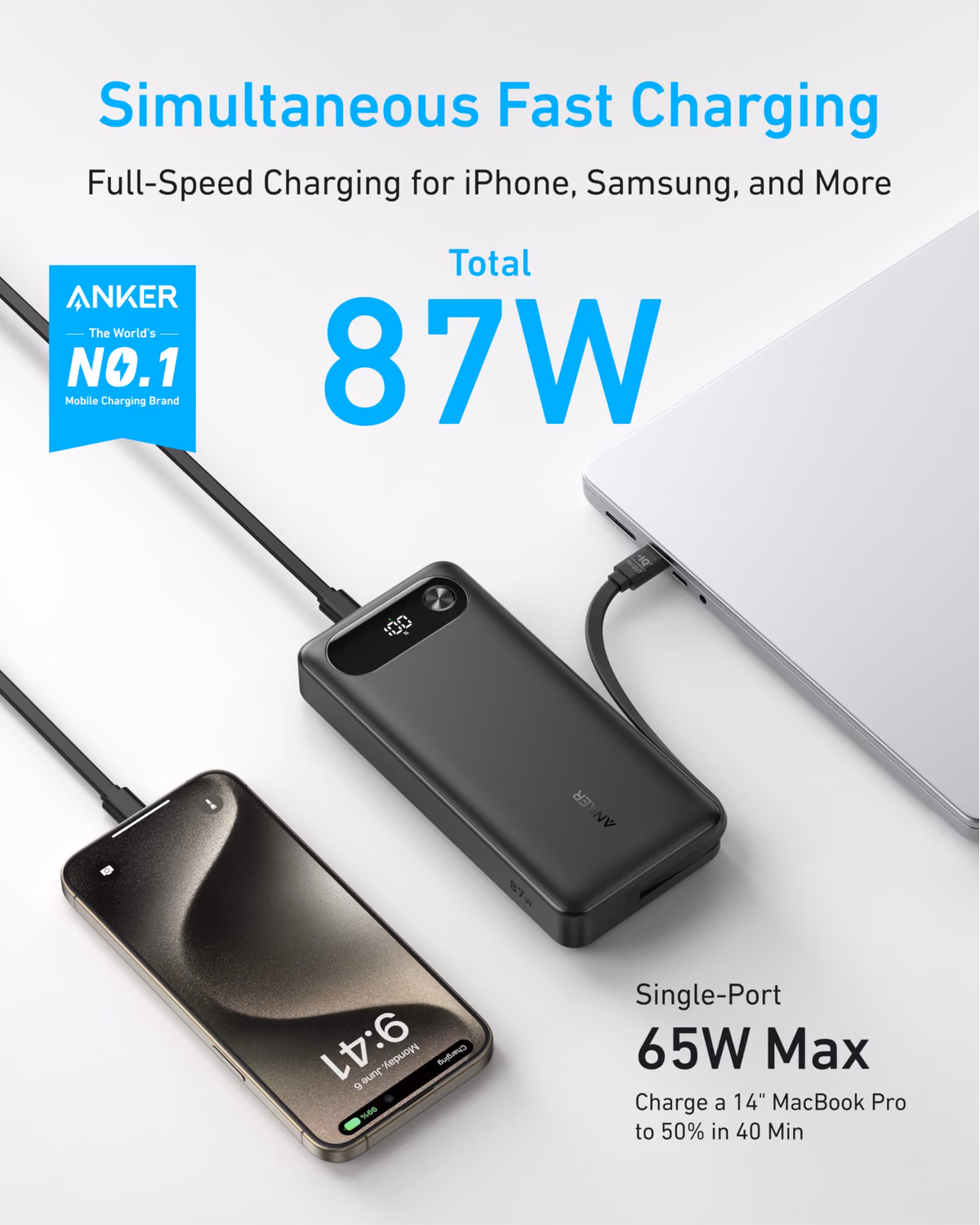 Custom Anker Power Bank (20K, 87W, Built-In USB-C Cable) custom logo decoration