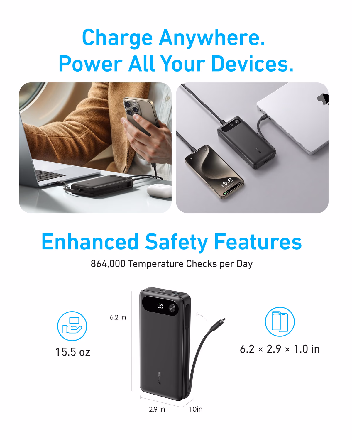 Custom Anker Power Bank (20K, 87W, Built-In USB-C Cable) custom logo decoration
