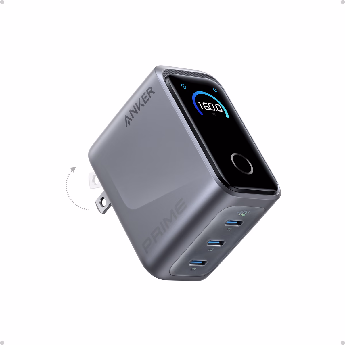 Custom Anker Prime Charger (160W, 3 Ports, Smart Display) flat product photo for logo mockup