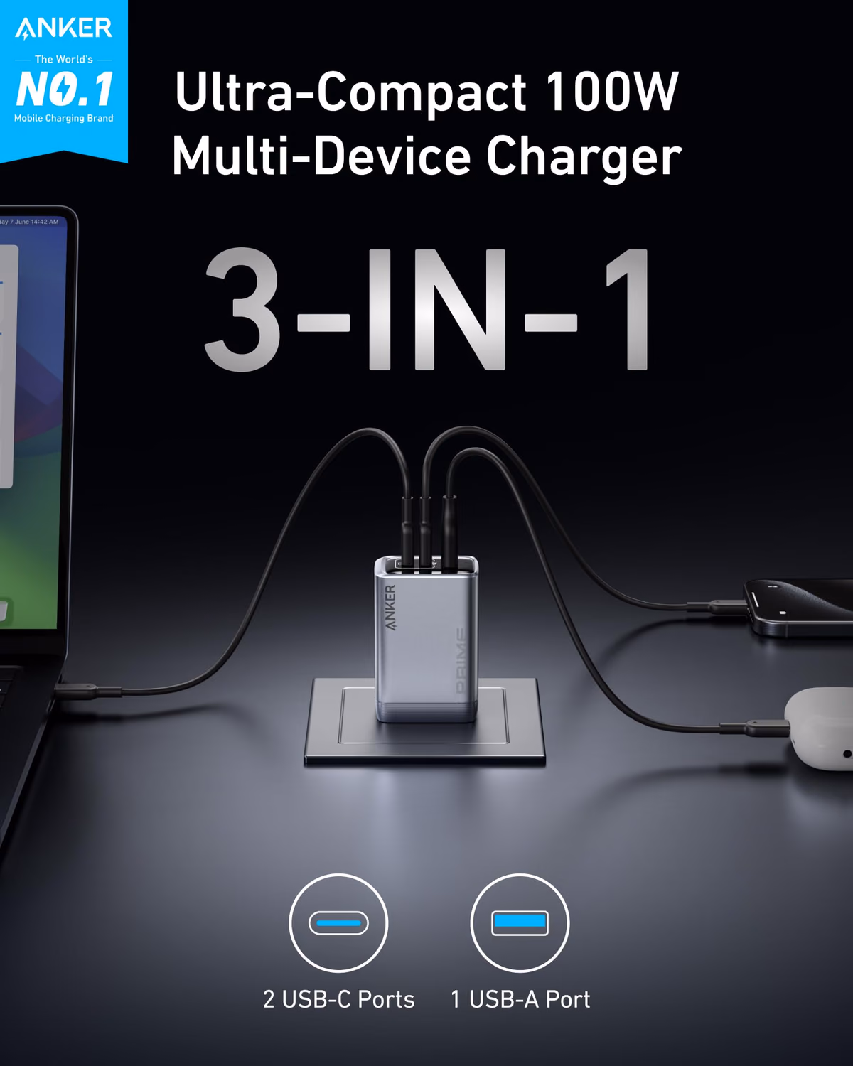 Custom Anker Prime Charger (100W, 3 Ports, GaN) custom logo decoration