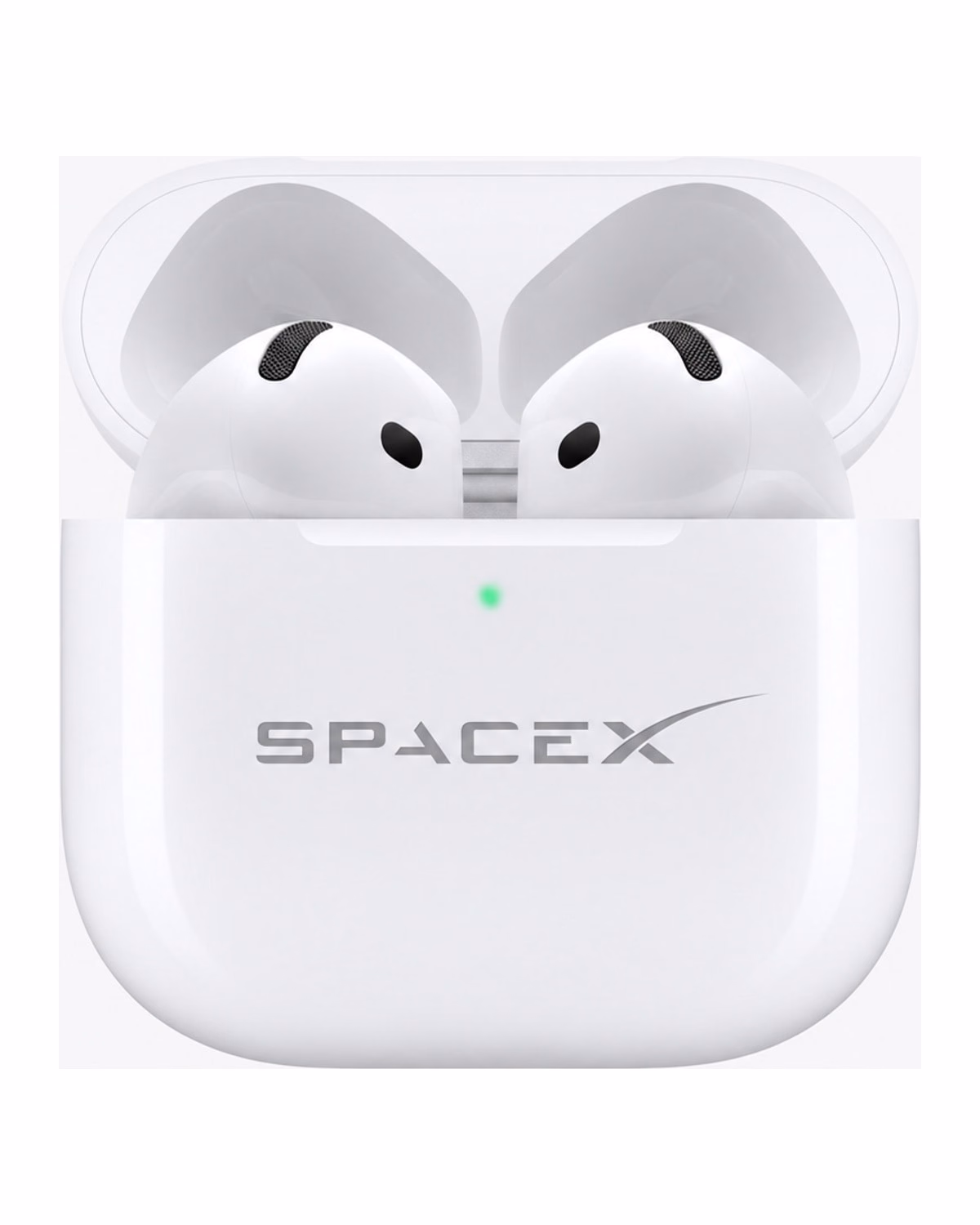 Custom engraved Apple AirPods 5 with Active Noise Cancellation open charging case showing SpaceX logo laser engraving and…