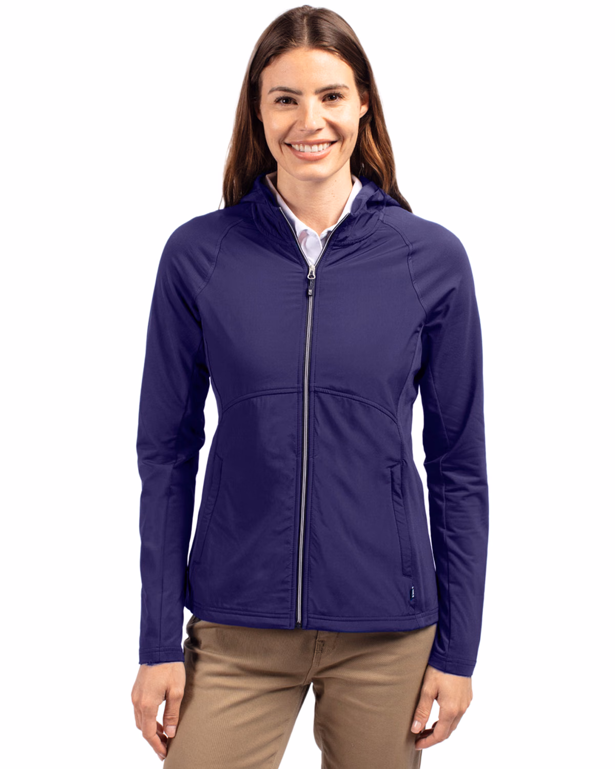 Custom Cutter & Buck Adapt Recycled Soft Knit Stretch Womens Hybrid Full Zip Jacket — College Purple front