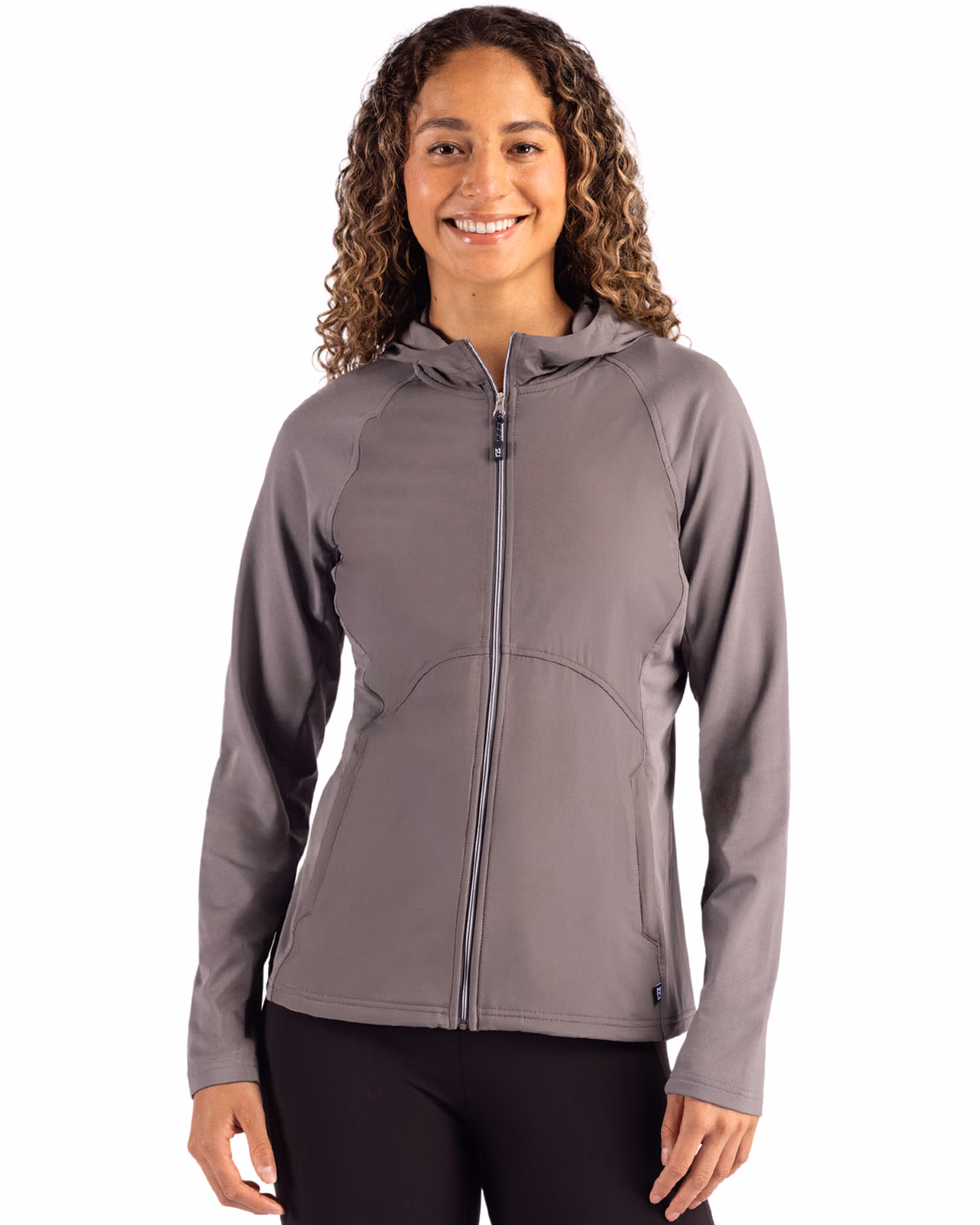 Custom Cutter & Buck Adapt Recycled Soft Knit Stretch Womens Hybrid Full Zip Jacket — Elemental Grey front