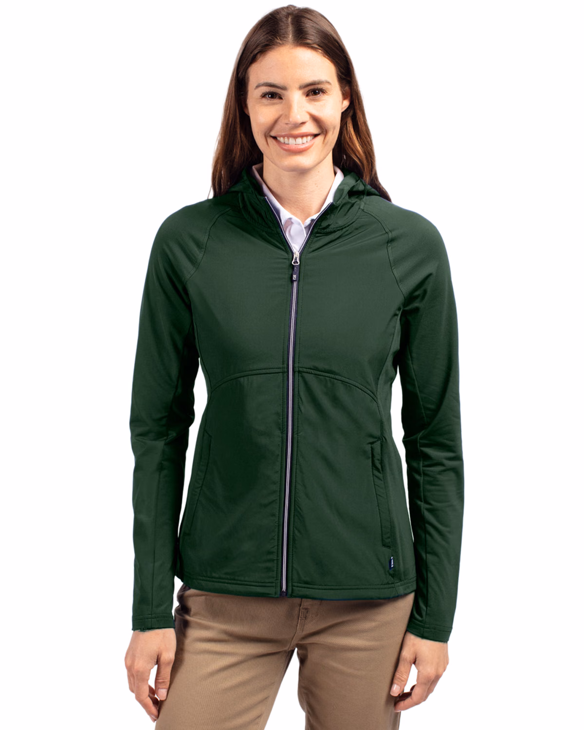 Custom Cutter & Buck Adapt Recycled Soft Knit Stretch Womens Hybrid Full Zip Jacket — Hunter front