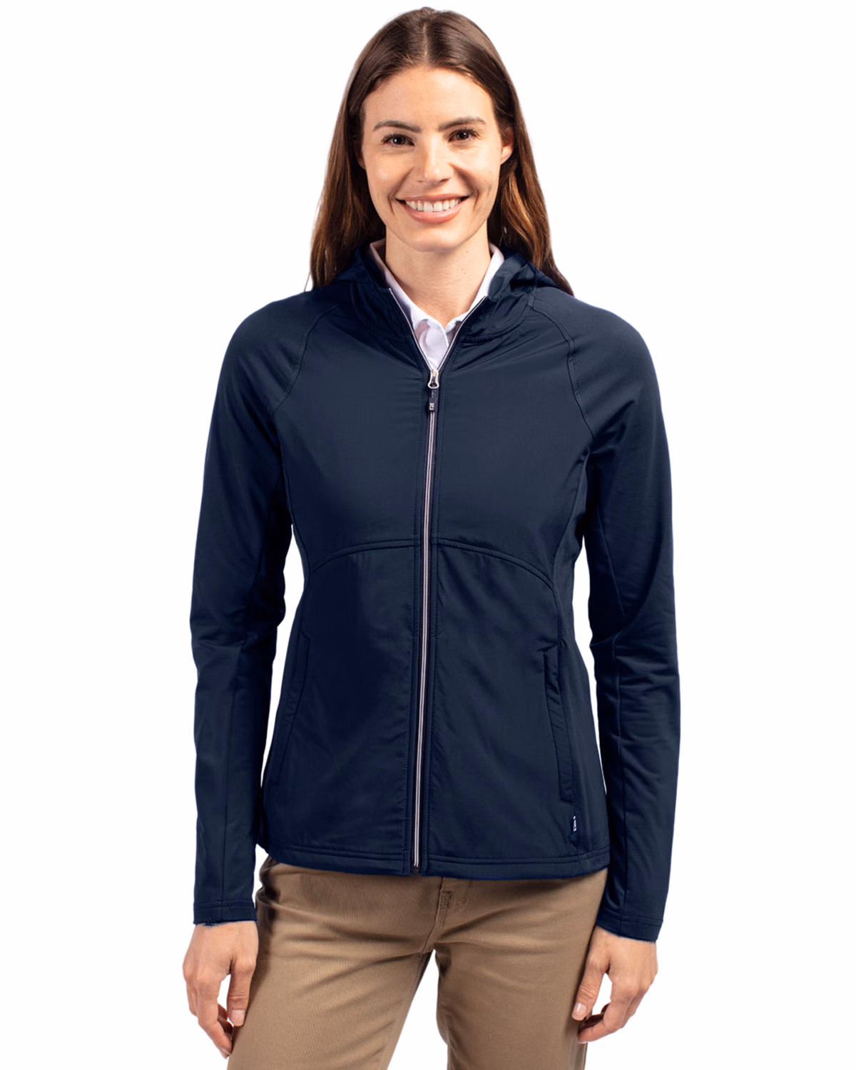 Custom Cutter & Buck Adapt Recycled Soft Knit Stretch Womens Hybrid Full Zip Jacket — Navy Blue front