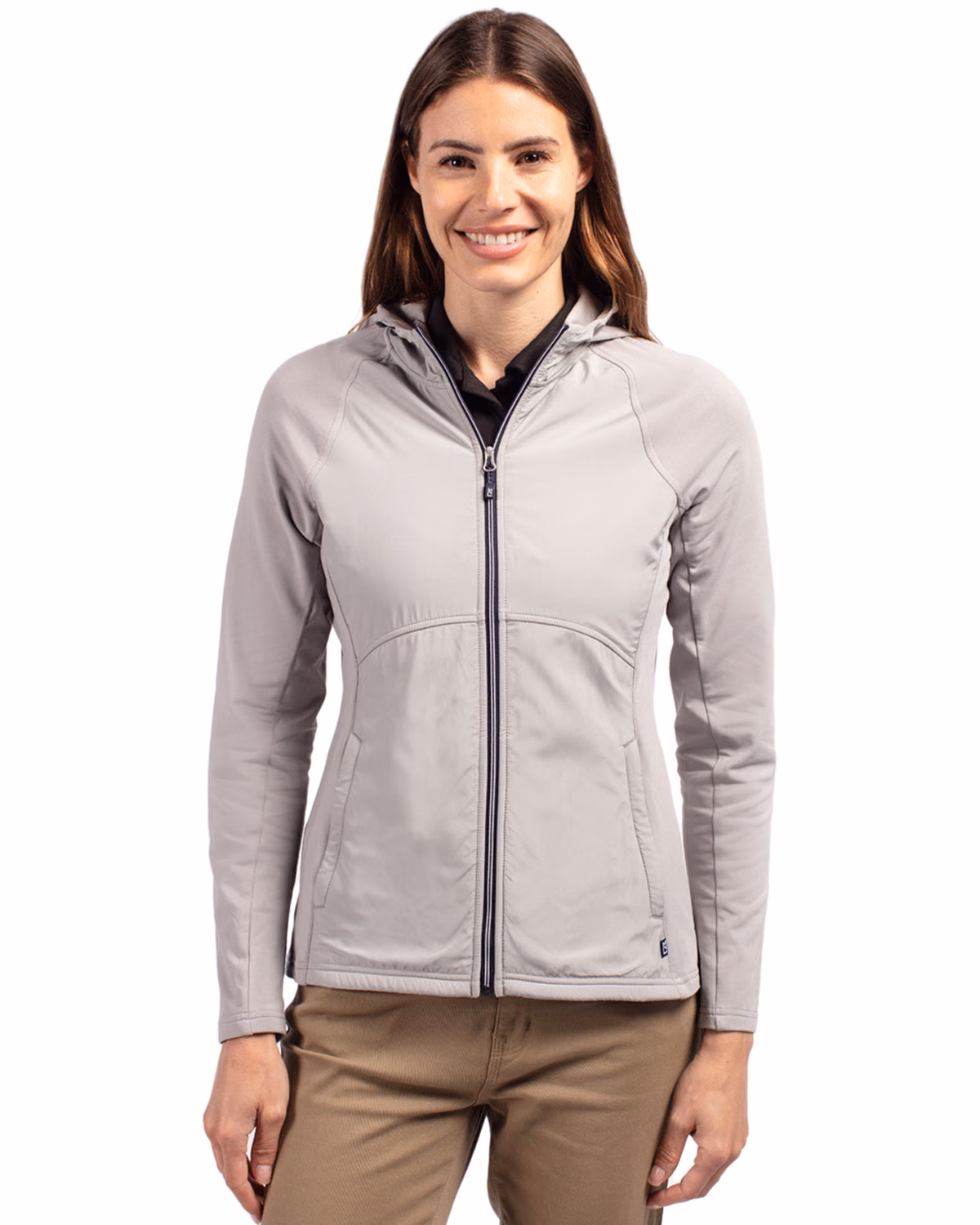Custom Cutter & Buck Adapt Recycled Soft Knit Stretch Womens Hybrid Full Zip Jacket — Polished front