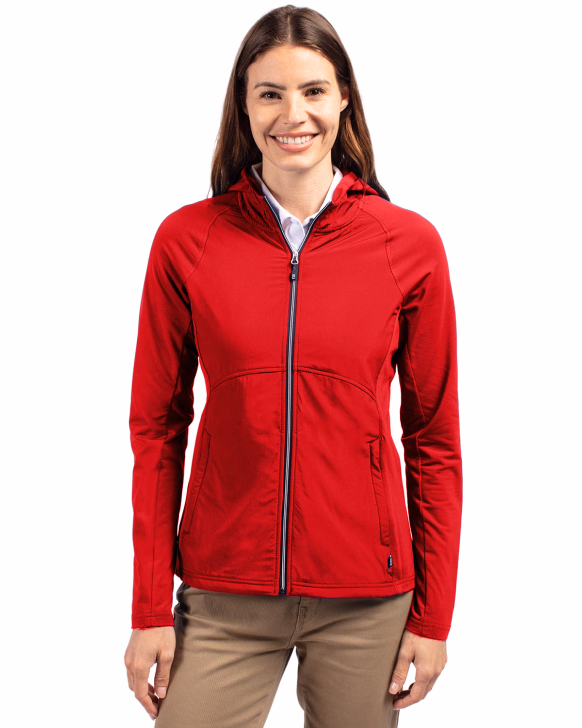 Custom Cutter & Buck Adapt Recycled Soft Knit Stretch Womens Hybrid Full Zip Jacket — Red front