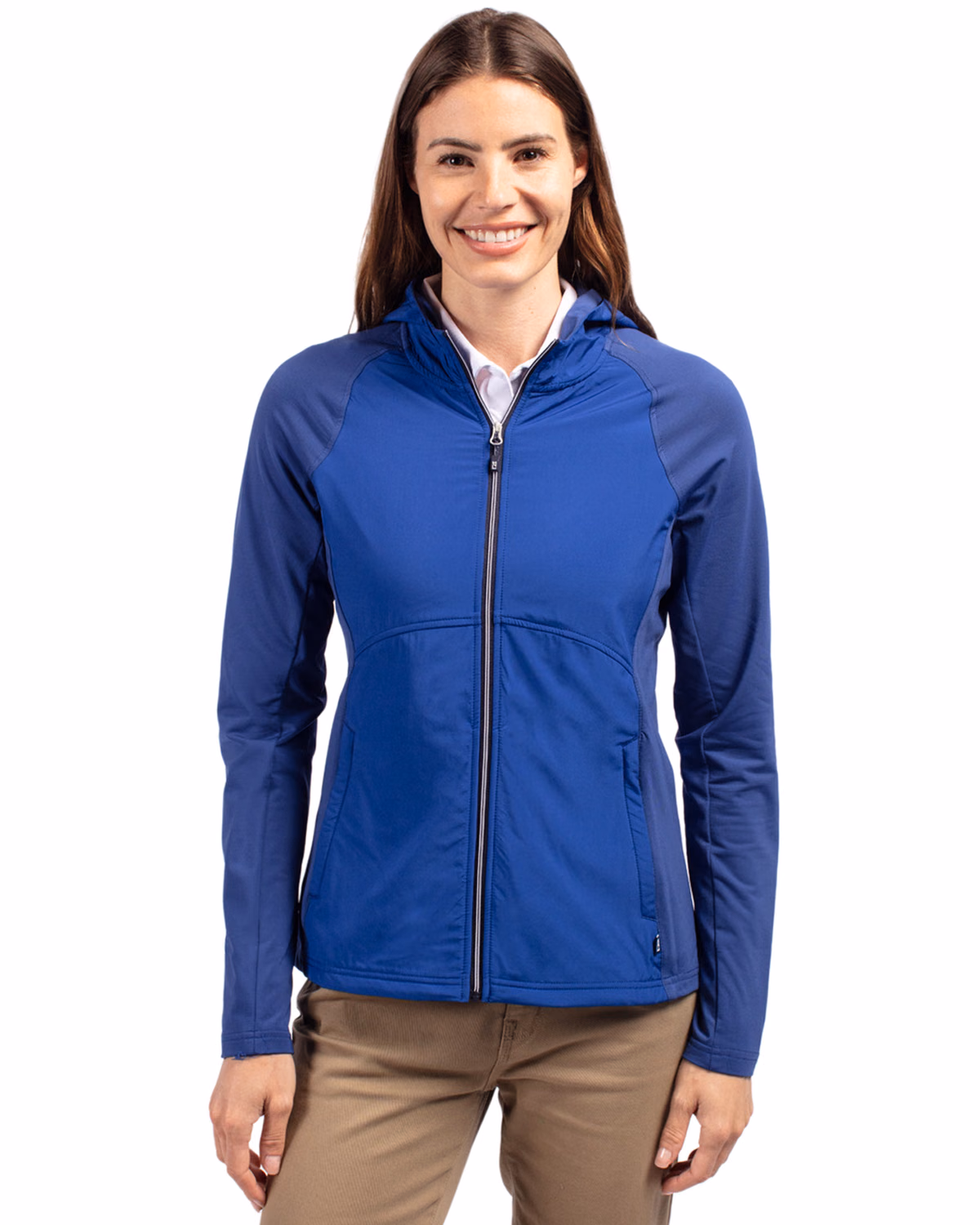 Custom Cutter & Buck Adapt Recycled Soft Knit Stretch Womens Hybrid Full Zip Jacket — Tour Blue front