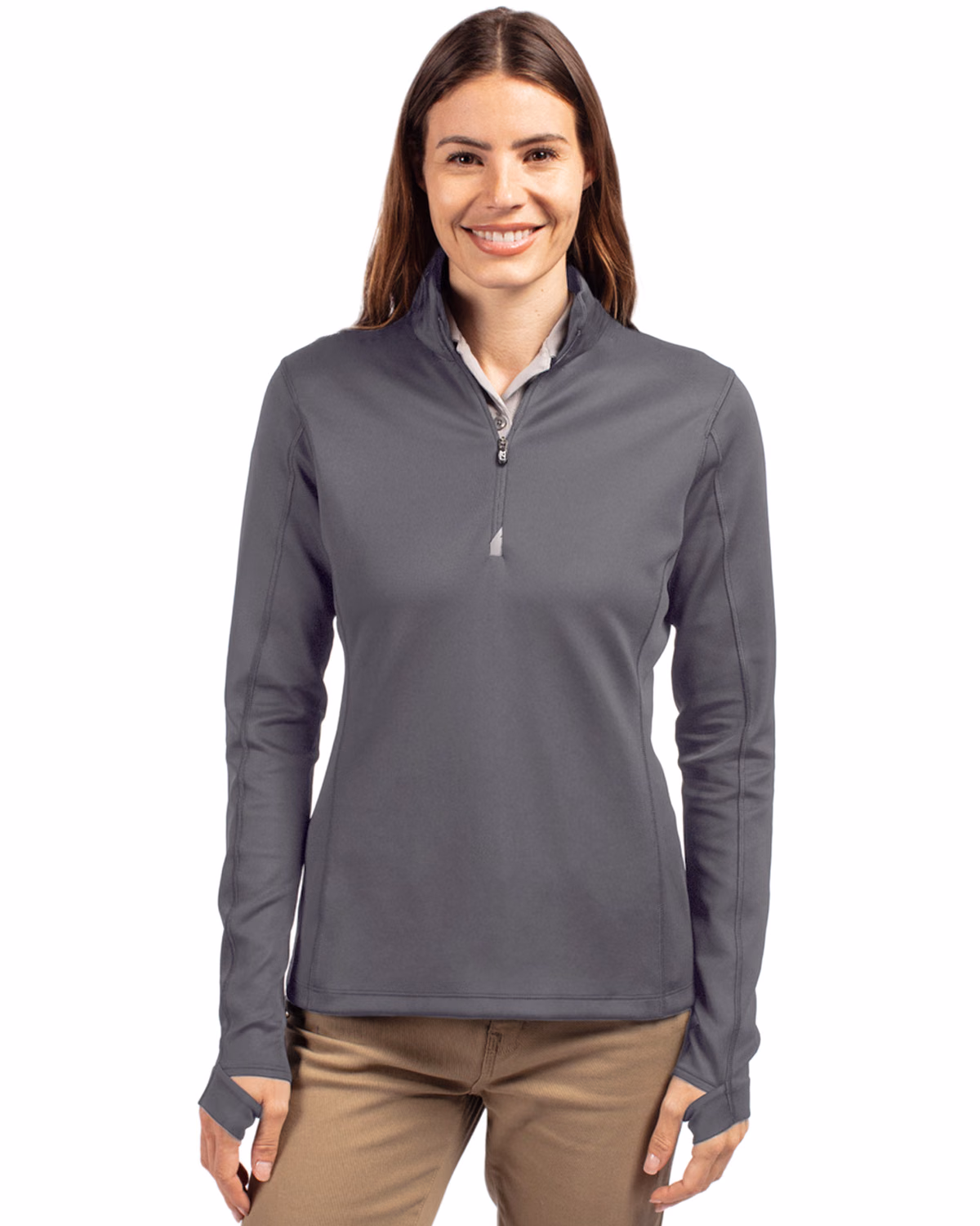 Custom Cutter & Buck Traverse Recycled Smooth Stretch Womens Quarter Zip Pullover — Elemental Grey front