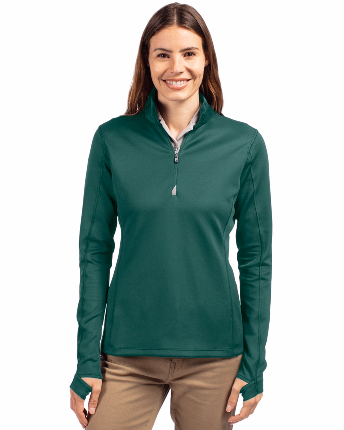 Custom Cutter & Buck Traverse Recycled Smooth Stretch Womens Quarter Zip Pullover — Hunter front