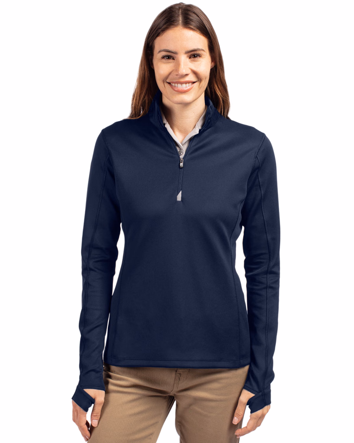 Custom Cutter & Buck Traverse Recycled Smooth Stretch Womens Quarter Zip Pullover — Liberty Navy front