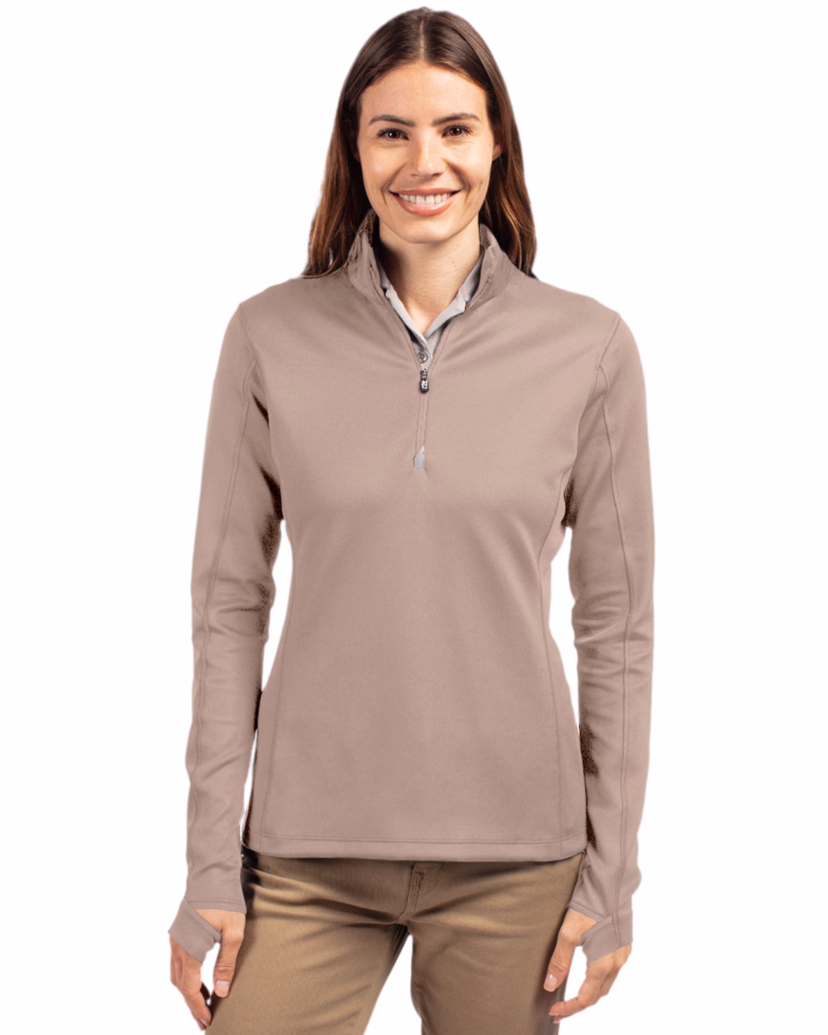 Custom Cutter & Buck Traverse Recycled Smooth Stretch Womens Quarter Zip Pullover — Mushroom front