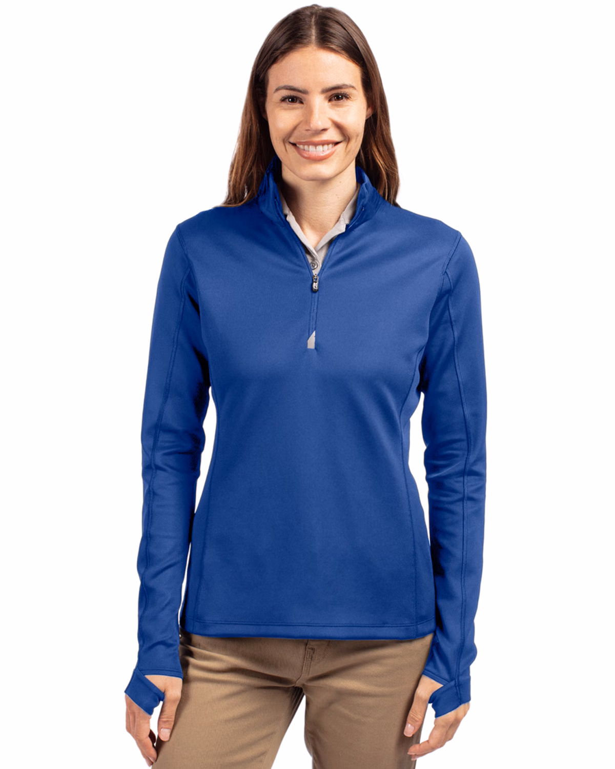 Custom Cutter & Buck Traverse Recycled Smooth Stretch Womens Quarter Zip Pullover — Tour Blue front