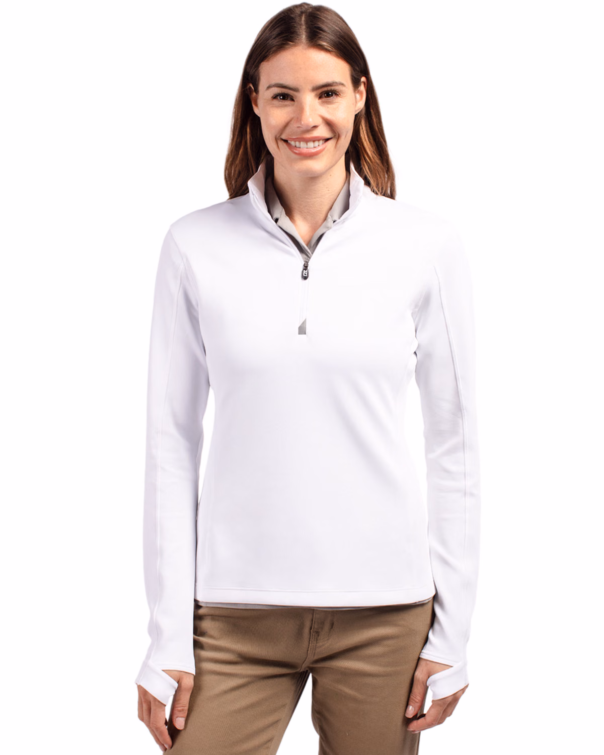 Custom Cutter & Buck Traverse Recycled Smooth Stretch Womens Quarter Zip Pullover — White front