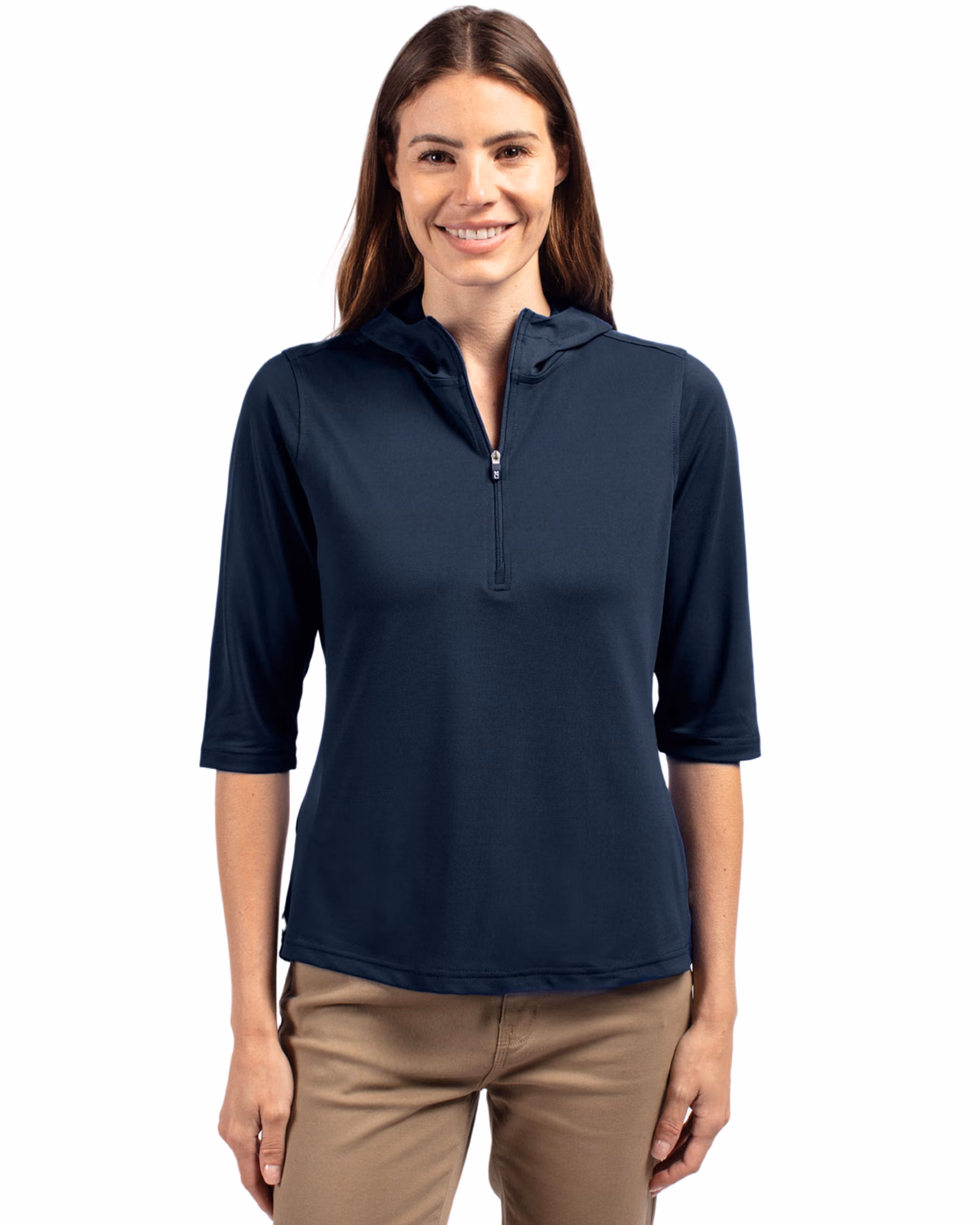 Custom Cutter & Buck Virtue Recycled Featherlight Pique Womens Half Zip Hooded Pullover — Navy Blue front