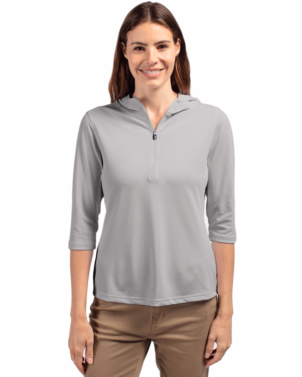 Custom Cutter & Buck Virtue Recycled Featherlight Pique Womens Half Zip Hooded Pullover — Polished front