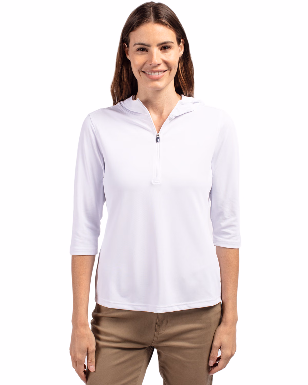 Custom Cutter & Buck Virtue Recycled Featherlight Pique Womens Half Zip Hooded Pullover — White front
