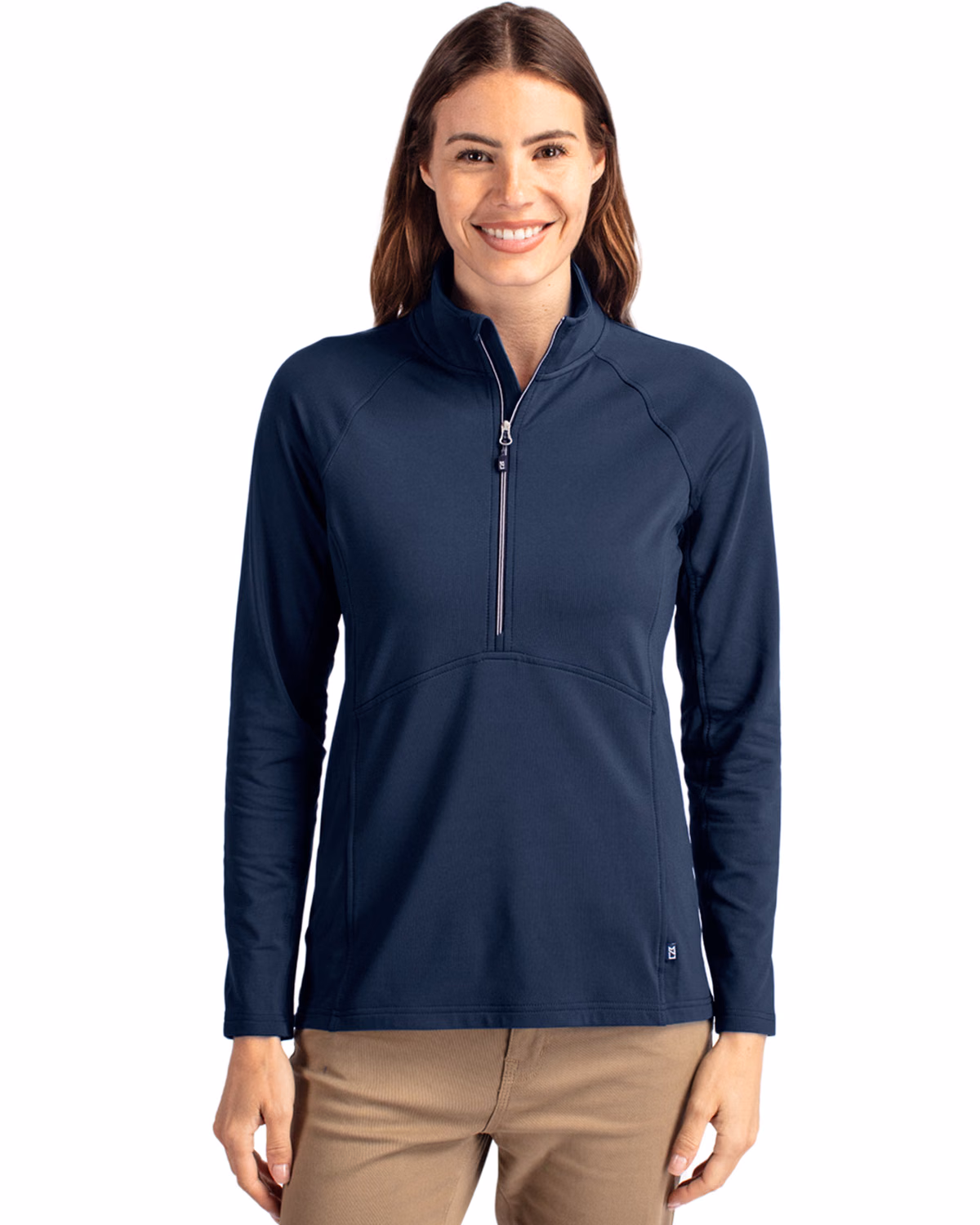 Custom Cutter & Buck Adapt Recycled Soft Knit Stretch Womens Half Zip Pullover — Navy Blue front
