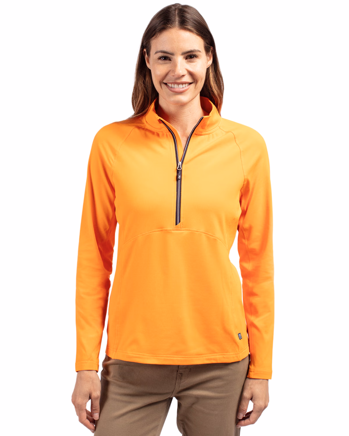 Custom Cutter & Buck Adapt Recycled Soft Knit Stretch Womens Half Zip Pullover — Orange Burst front