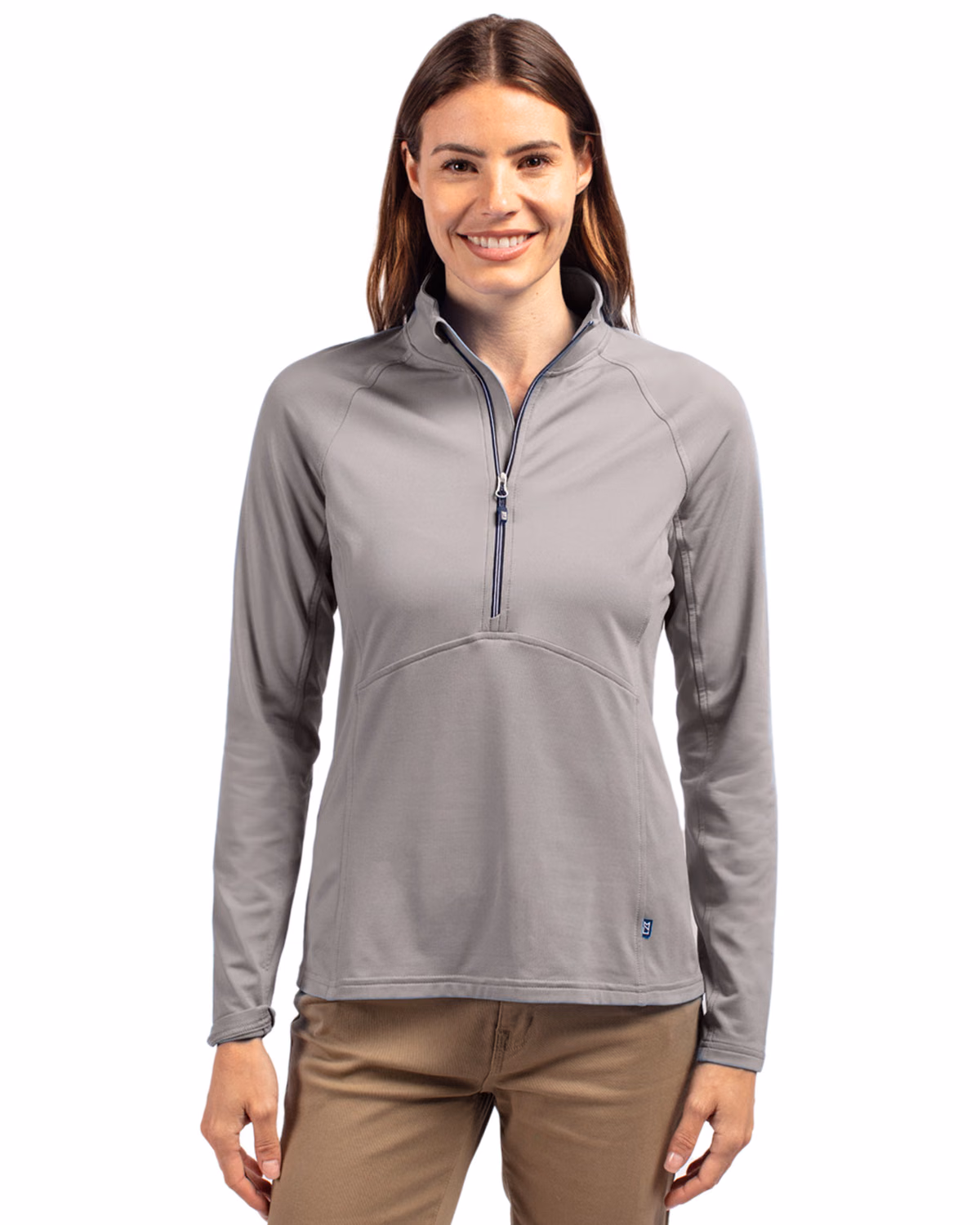 Custom Cutter & Buck Adapt Recycled Soft Knit Stretch Womens Half Zip Pullover — Polished front