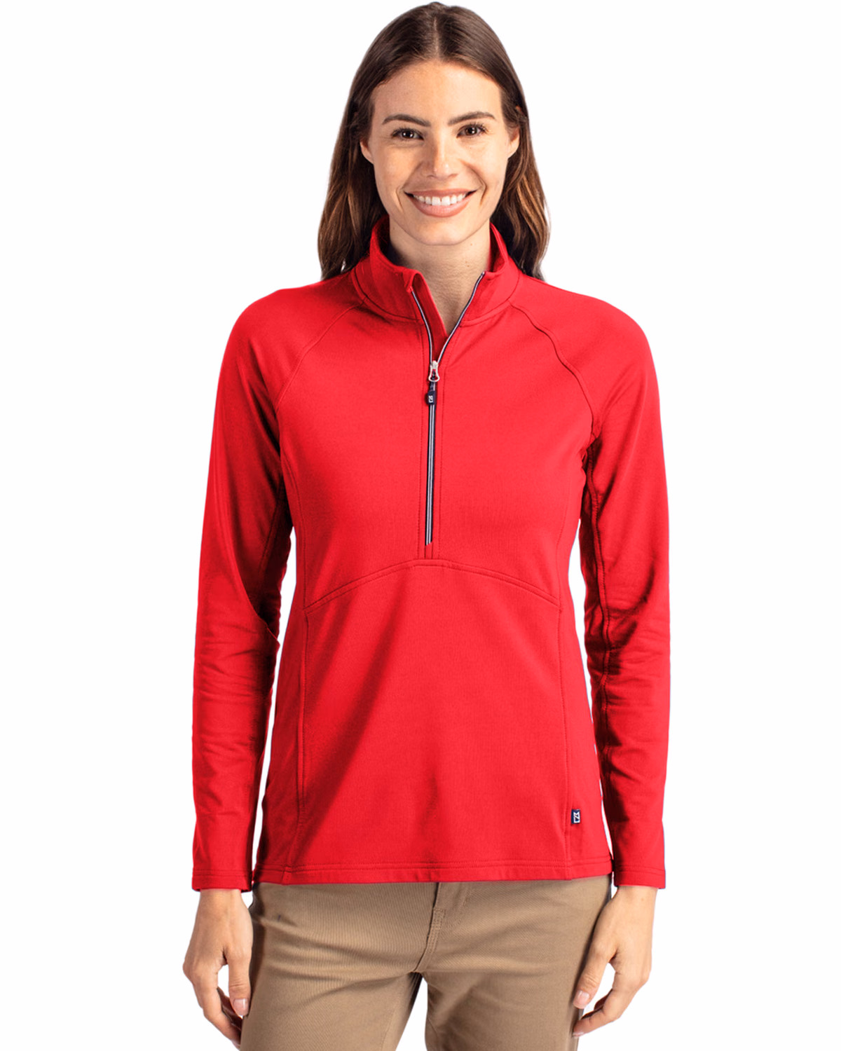 Custom Cutter & Buck Adapt Recycled Soft Knit Stretch Womens Half Zip Pullover — Red front