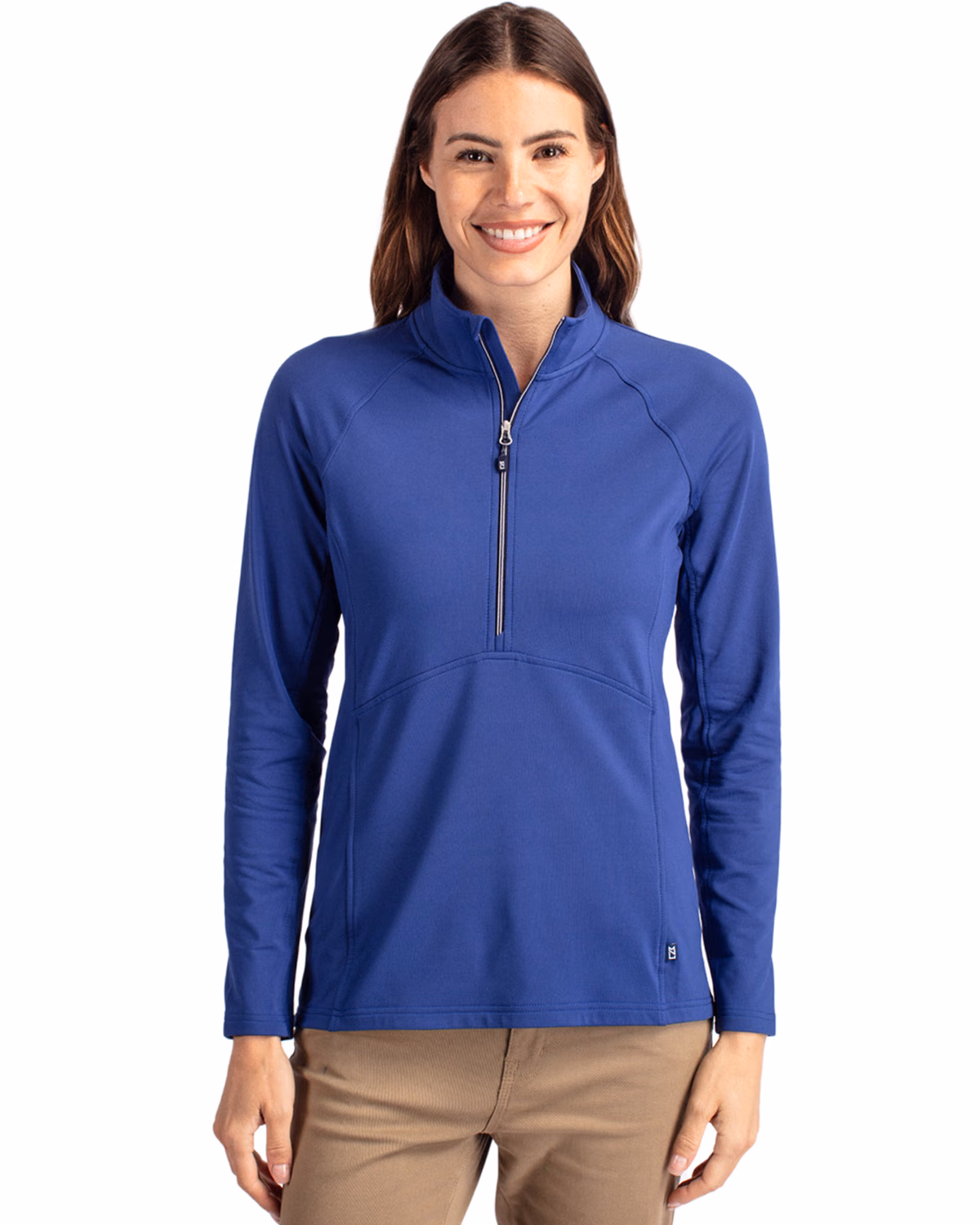 Custom Cutter & Buck Adapt Recycled Soft Knit Stretch Womens Half Zip Pullover — Tour Blue front