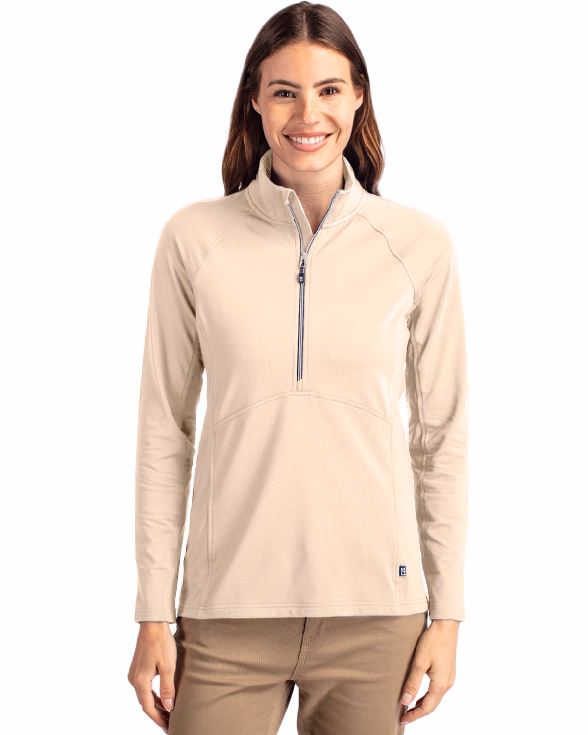 Custom Cutter & Buck Adapt Recycled Soft Knit Stretch Womens Half Zip Pullover — Wheat front