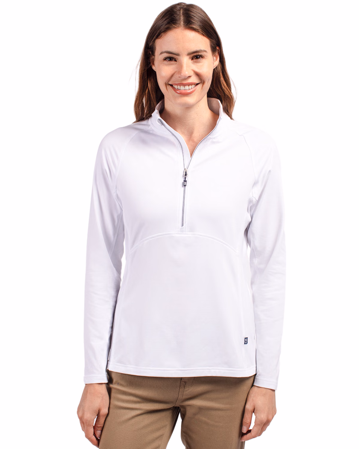 Custom Cutter & Buck Adapt Recycled Soft Knit Stretch Womens Half Zip Pullover — White front