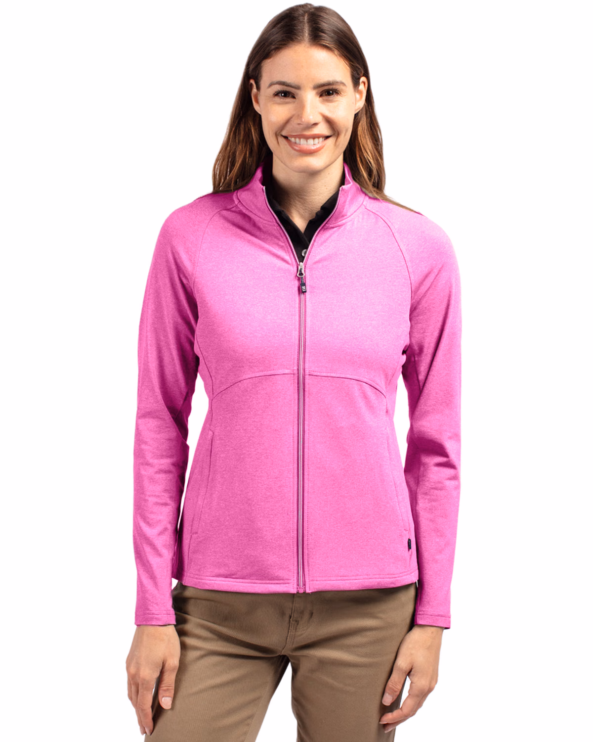 Custom Cutter & Buck Adapt Recycled Soft Knit Stretch Womens Heathered Full Zip Jacket — Gelato Heather front