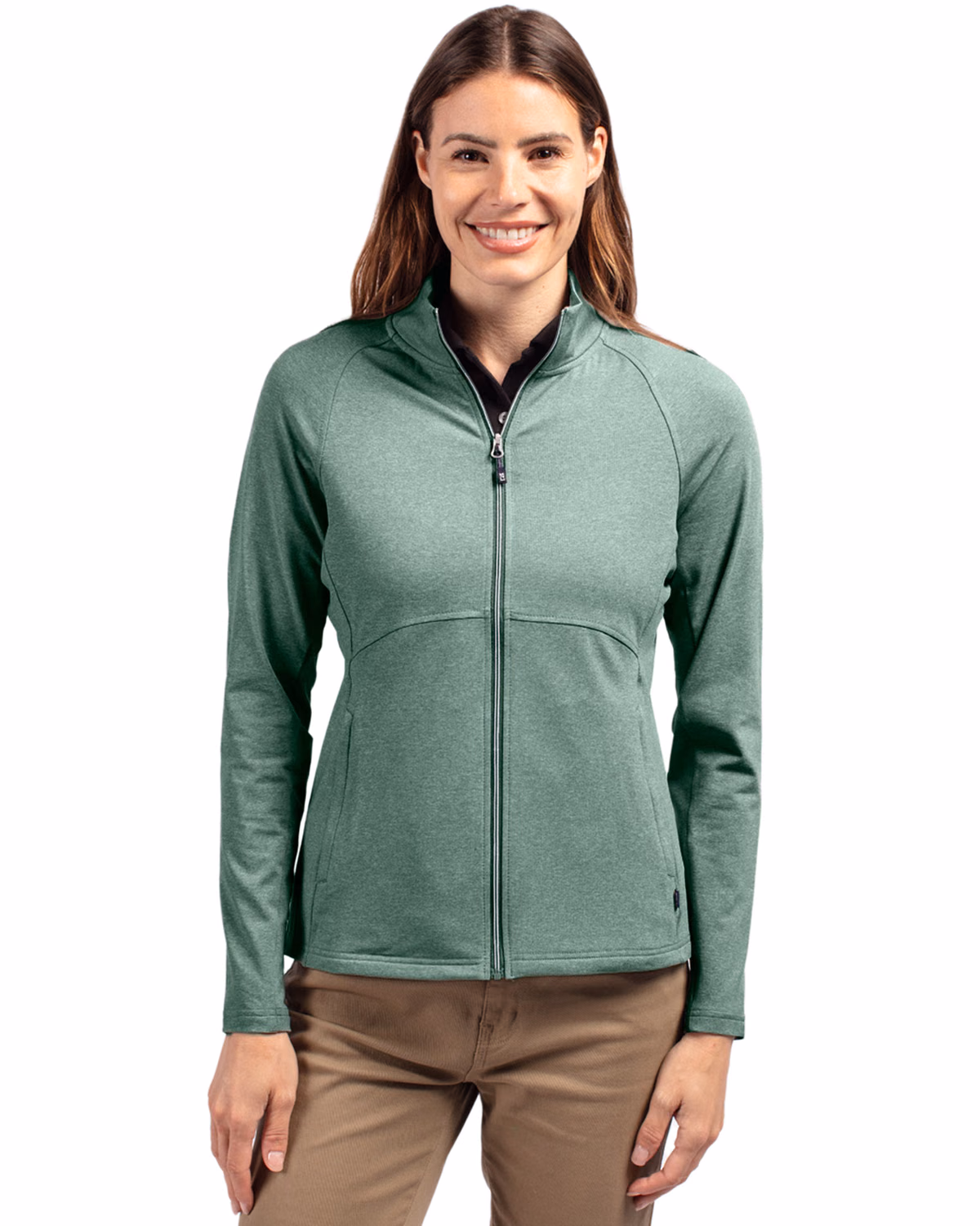 Custom Cutter & Buck Adapt Recycled Soft Knit Stretch Womens Heathered Full Zip Jacket — Hunter Heather front