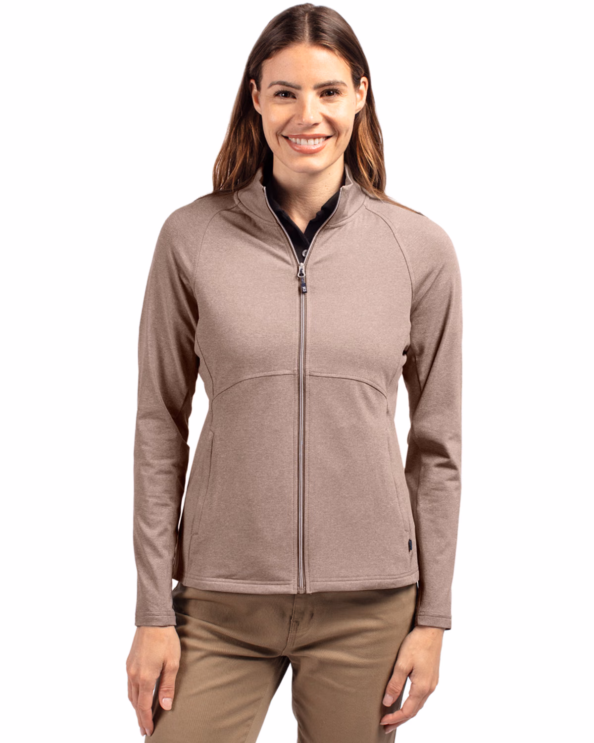 Custom Cutter & Buck Adapt Recycled Soft Knit Stretch Womens Heathered Full Zip Jacket — Mushroom Heather front