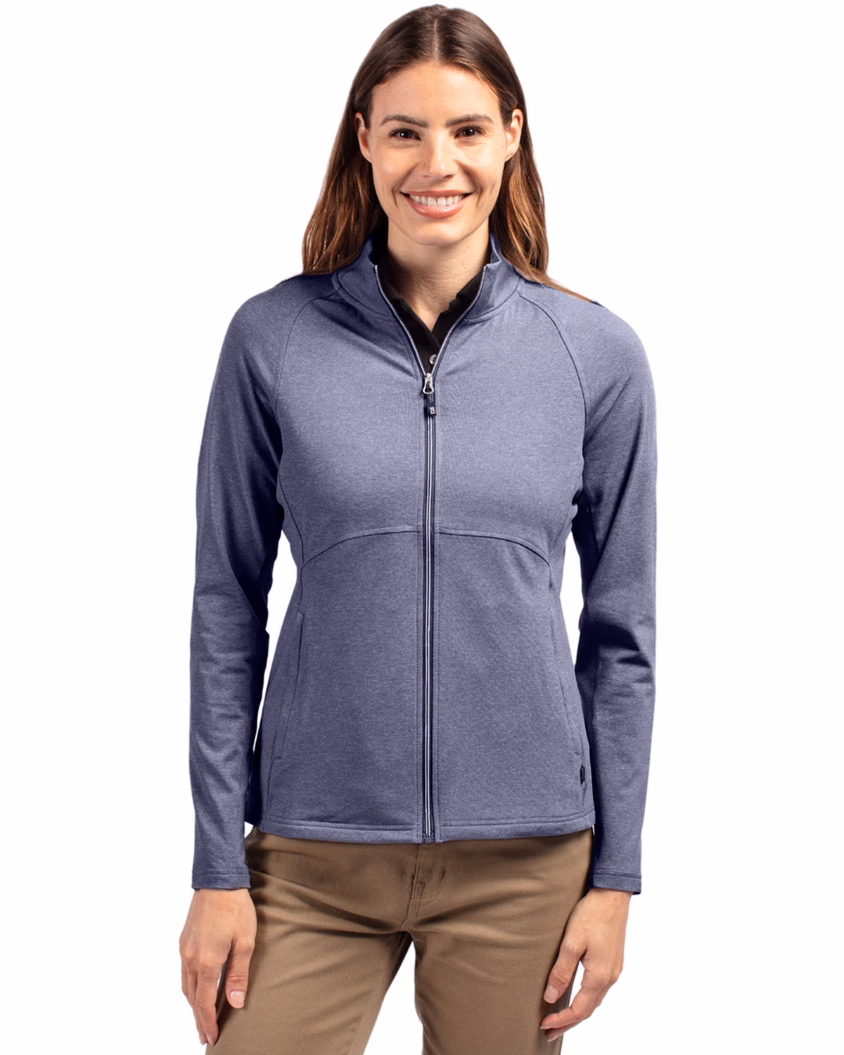 Custom Cutter & Buck Adapt Recycled Soft Knit Stretch Womens Heathered Full Zip Jacket — Navy Blue Heather front